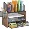 4-Tier Mesh Desk Organizer, Wooden Desk File Organizer with 5