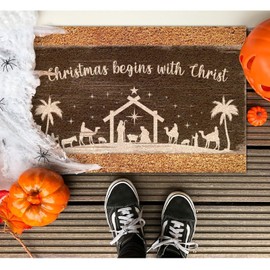 DecStic Christmas Begins withCoir Door Mat Nativity Scene Rectangular Door Mats Farmhouse Hello Winter Durable Coir Non Slip Mat for Entry Garage Patio High Traffic Areas 16x24in