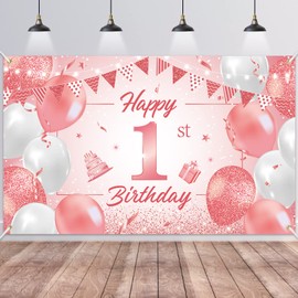 1st Birthday Backdrop Banner,BTZO Happy 1st Birthday Decorations Rose Gold Pink Newborn Girls Boys First Birthday Backdrop Photography Background Baby Shower Banner