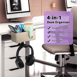 DramLan Desk Organizer with Headphone Hanger Desk Cup Holder for Desk Storage Beverages Phone Holder Clip on Desk Cup Holder Rotating Headphone Hanger and Detachable Desk Storage (Champaign Gold)