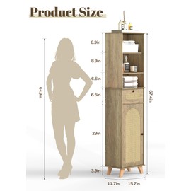 corpuwn 67'' Tall Bathroom Storage Cabinet with Adjustable Shelves, Narrow Freestanding Rattan Storage Cabinet with Anti-toppling Device & Magnetic Door for Bathroom, Living Room, Kitchen