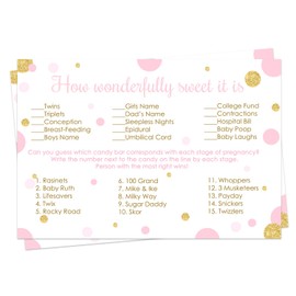 Paper Clever Party Pink and Gold Baby Shower Candy Game Pack (25 Cards) - Guess the Stages of Pregnancy and Parenthood – Funny How Sweet - Girls Sprinkle Activity – Cute Princess - Twinkle Little Star