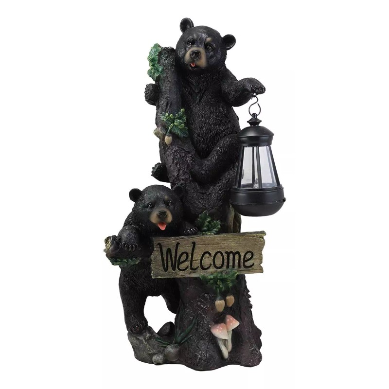 Climbing Black Bear Cubs Garden Light Welcome Statue Figurine Solar