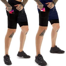 OEBLD - Pantalones cortos deportivos para hombre, 2 en 1, gimnasio, entrenamiento, correr, 7 pulgadas, con lazo para toalla, Black2+navy, XX-Large