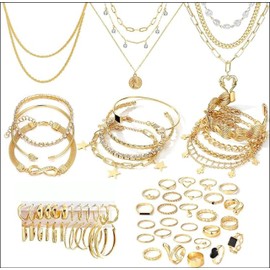 CHarmeFleur 38-59 Pieces (8-9 Set) Gold-Plated Jewellery Set for Women with 8 Necklaces, 12 Bracelets, 27 Rings, 12 Pairs of Earrings, Simple and Sparkling Happy Gold Jewellery for Women