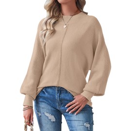 TECREW Womens Long Sleeve Crew Neck Ribbed Knit Solid Color Cozy Pullover Sweater Top, Khaki, Medium