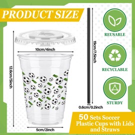 50 Sets 12oz Ball Game Soccer Plastic Cups with Lids and Straws Clear Disposable Plastic Drinking Cups for Juice Water Coffee Stadium Sports Competition Party Sports Athlete Birthday Party(Soccer)