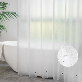 AooHome Shower Curtain, 240 x 200 cm, Transparent White with 5 Weight Magnets at the Bottom, Shower Curtains with 16 Hooks, Bathroom Curtain, Frosted with Embossed Pattern, Waterproof, Anti-Mould for