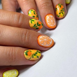 Summer Press on Nails Extra Short Almond Fake Nail with Lemon & Oranges Designs Glossy Yellow False Nails Acrylic Glue on Nail Full Cover Fruit Artificial Stick on Nails for Women 24 Pcs