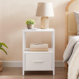 VECELO Nightstand Set of 2 with Wooden Storage Drawer Square Modern Bedside End Tables for Bedroom Living Room, Open Shelf, Industrial Metal Frame, Small Space, White