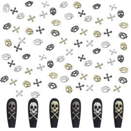 120 Pieces Cross Skull Nail Decoration Set, Gold Silver Metal Nail Charms, Punk Alloy Nail Art Jewellery for Manicure Rhinestones Accessories