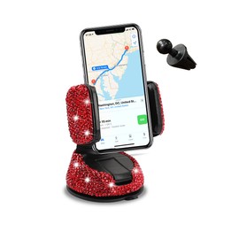 AUKEPO Bling Car Phone Holder, 360°Adjustable Auto Phone Mount, Rhinestone Car Stand Phone Holder with One More Air Vent Base, Car Interior Decoration for Windshield Dashboard and Air Outlet
