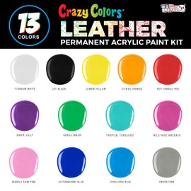 Crazy Colors Premium Acrylic Shoe & Leather Paint Kit 13-Color with 4 Brushes (1 oz Bottles) - Acrylic Leather Paint for Shoes, Sneakers, Jackets, Bags, Purses, Furniture