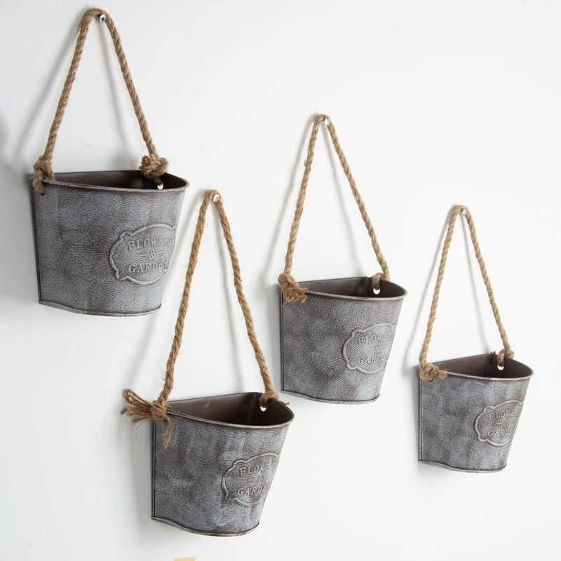 XONOR 4Pcs Galvanized Metal Hanging Wall Planter, Rustic Wall Flower