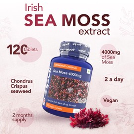 Zipvit Irish Sea Moss 4000mg, 120 Vegan Tablets, High Strength Superfood, Naturally Rich in Minerals, 2 Month Supply, Responsibly Sourced Seaweed