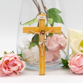 Holy Family Wooden Cross with Christ - Three Sizes Available - Wall Mounted Crucifix - 15cm