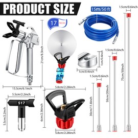 Hiboom 17 Pcs Airless Paint Sprayer Gun Set Including Spray Gun Hose 5 Types Nozzles 3 Sizes Extension Pole 5 Airless Spray Gun Mesh Filters Baffle Nozzle Holder (Multi Color,211, 313, 415, 517, 623)
