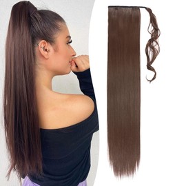 Benehair Ponytail Extension 32 Inches Long Wrap Around Ponytail Hair Extension Straight Synthetic Clip in Hairpiece for Women Brown