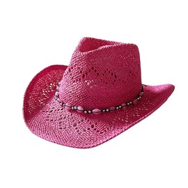 HIQIU Straw Cowboy Hat for Women Western Cowgirl Hat Cowgirl Hat with Beaded Trim and Moldable Brim, pink red