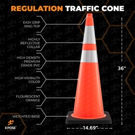 Xpose Safety 36 Inch Orange Traffic Cones Heavy Duty 12lb with 6" & 4" Collars, 1 Pack - Multipurpose PVC Plastic Safety Cone for Parking, Soccer, Caution, Kids and Construction - MUTCD Compliant
