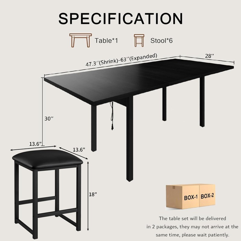VECELO 7-Piece Dining Table Set with 6 Square Stools, 63"