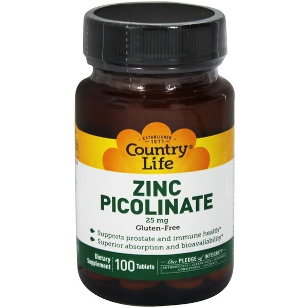 Country Life Zinc Picolinate 25 mg - 100 Tablets - Supports Prostate and Immune Health - Superior Absorption