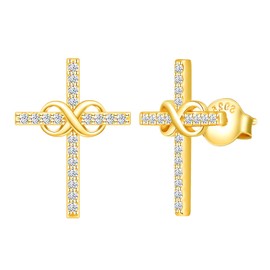 INFINIONLY Women's Pendant and Earring, 925 Sterling Silver Jewellery Sets, Gold, Infinity Symbol and Cross Element, Inlaid Zircon, Women's and Girls' Earrings Necklace, Cross Jewellery, Sterling