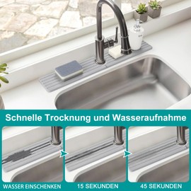 Bourske Tap Protector Drip Mat Diatomaceous Earth Quick-Drying Stone Tap Mat Tap Splash Guard for Kitchen and Bathroom Countertop Protect 60 x 10 cm (Light Grey)