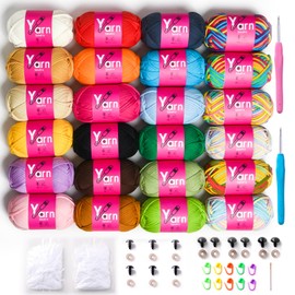 24 Pack Crochet Yarn Beginner - Black White Orange Red Green Rainbow Pink Cotton Chunky Yarn - with Easy-to-See Stitches Beginner Yarn for Crocheting - Amigurumi Yarn Set(24 * 50g) D