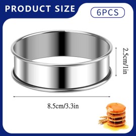 Kaquxibix 6-Piece Stainless Steel Muffin Ring Set, 8.5cm Non-Stick Baking Tins for Muffins, Pancakes, and Pastries, Egg