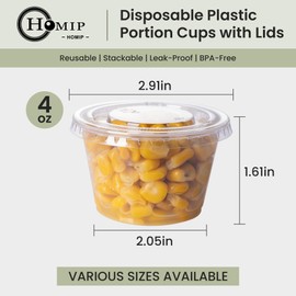 HOMIP 100Sets 4oz Disposable Plastic Portion Cups with Lids, Small Mini Sauce Cups for Portion Control, Salad Dressing Cups, Airtight and Stackable Condiment Cups for Thanksgiving, Christmas