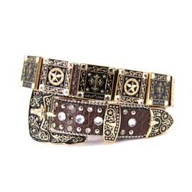 West Star Texas Genuine Leather Belt for Women & Cowboy Big Rhinestone With Engraved Buckle Country Style With Black Cross-802F STAR CF L