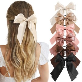 6PCS Bow Hair Ties, Satin Hair Ribbon, Ribbon Hair Bows for Women, Elastics Hair Scrunchies for Thick Thin Hair, Bows Hair Accessories - Color: Light