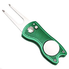 Mile High Life All Metal Foldable Golf Divot Tool with Pop-up Button & Magnetic Ball Marker, Golf Club Holder (Green Fish)