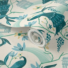 Peel & Stick Wallpaper Swatch - Peacock Chinoiserie Cream Animals Feathers Retro Traditional Nature Botanical Floral Natural Custom Removable Wallpaper by Spoonflower