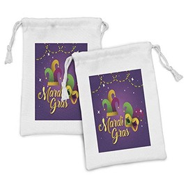 Lunarable Mardi Gras Fabric Pouch Set of 2, Fat Tuesday Themed Hat and with Beads and Calligraphic Image, Small Drawstring Bag for Toiletries Masks and Favors, 9" x 6", Quartz and Multicolor