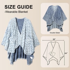 Bcareself Double-Sided Wearable Blanket Ultra Soft Flannel Shawl Blanket, Reversible Blanket, with Pockets, for Women and Men, Throw Blanket for Home, Travel, Warm Present (Haze Blue, 58'' x 64'')