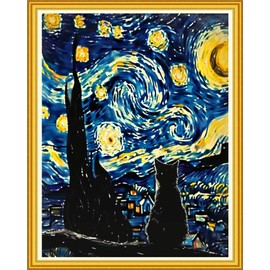 Magxvouy - Kits de punto de cruz, con estampado, gama completa de kits de bordado, patrones de punto de cruz, kits de costura para principiantes, kits impresos de 11 quilates y gato estrellado Van