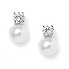 Mariell White Pearl Bridal Earrings with Cubic Zirconia Crystal Top, 9mm White Pearl Stud Earring, Perfect for Brides, Bridesmaids, Wedding Party and Everyday Wear