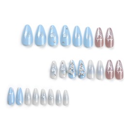 CEWEWP 24 Pcs Press on Nails Medium Almond Fake Nails Star Rhinestone Charm Designs Full Cover Stick on Nails Blue Almond Press on Nails Glossy False Nails Glue on Nails for Women Artificial Nails