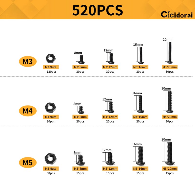 Cicidorai 520Pcs M3 M4 M5 10.9 Grade Alloy Steel,Button Head