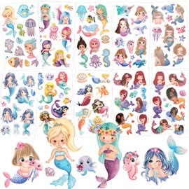 HOWAF Glitter Mermaid Temporary Tattoos For Kids Girls, 10 Sheets Mermaid Tattoo Mermaid Stickers Cartoon Fake Tattoos for Mermaid Party Favour Glitter Tattoos for Kids Girls Birthday Party Bag Filler