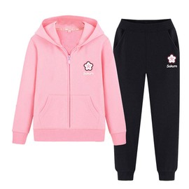 SXSHUN Girls' Jogging Suit, Children's Sports Suit, Tracksuit, 2-Piece Clothing Set, Sweat Jacket + Jogging Bottoms, Pink + black-1