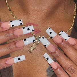 24 Pcs White Press on Nails Square Shaped Extra Long Fake Nails Full Cover Acrylic Nails Reusable Glossy False Nails Black Polka Dot Designs Stick on Nails for Women Nail Art Manicure
