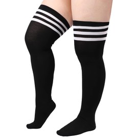Plus Size Thigh High Socks for Women Thick Long Leg Warmer Over the Knee Stockings Cotton Blend Boot Socks (Black-White, One Size)