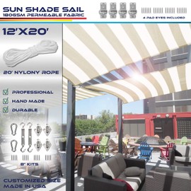 Windscreen4less 12' x 20' Sun Shade Sail Rectangle Outdoor Canopy Cover with Hardware Kit UV Block for Backyard Porch Pergola Deck Garden Patio Pool (Beige White Strip)