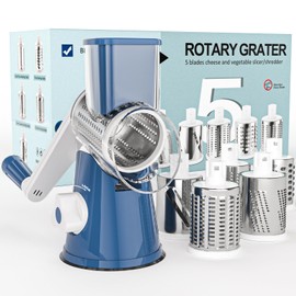 Cambom Rotary Cheese Grater Hand Crank Cheese Shredder for Fresh Cheese, Vegetable, Nuts, Non-slip Suction Base,Five Blades, Deep Blue