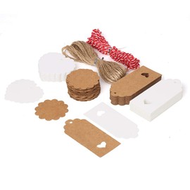 DIYASY 100pcs, Gift Tags Kraft Paper Tags Label Tags Lovely Hollow Heart Wedding Favour Tags with Free 16Feet Red and White Color String and 16 Feet Natural Jute (Brown)