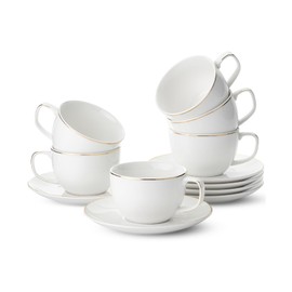 BTaT- White Tea Cups and Saucers, 6oz, Tea Cups Set of 6 with Gold Trim, Porcelain Tea Cups, White Cup & Saucer Sets, White Tea Cup Set of 6, Tea Cup Sets, Tea Cups and Saucers Set of 6
