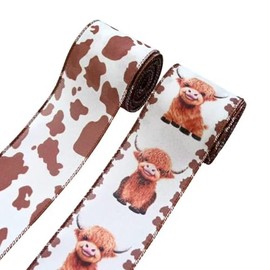 2 Rolls 10 Yards Highland Calf Ribbons for Wreath Bow DIY Gift Wrapping, Brown White Cow Print Autumn Wired Ribbon for Thanksgiving, Farmhouse, Party, Festival Decoration Supplies 2.5‘’